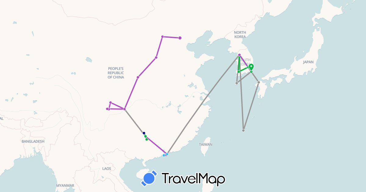 TravelMap itinerary: driving, bus, plane, train, boat in China, Hong Kong, Japan, South Korea, Macau (Asia)